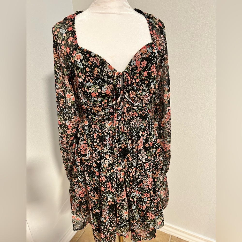 Lace Up Front Floral Print Long Sleeve Dress